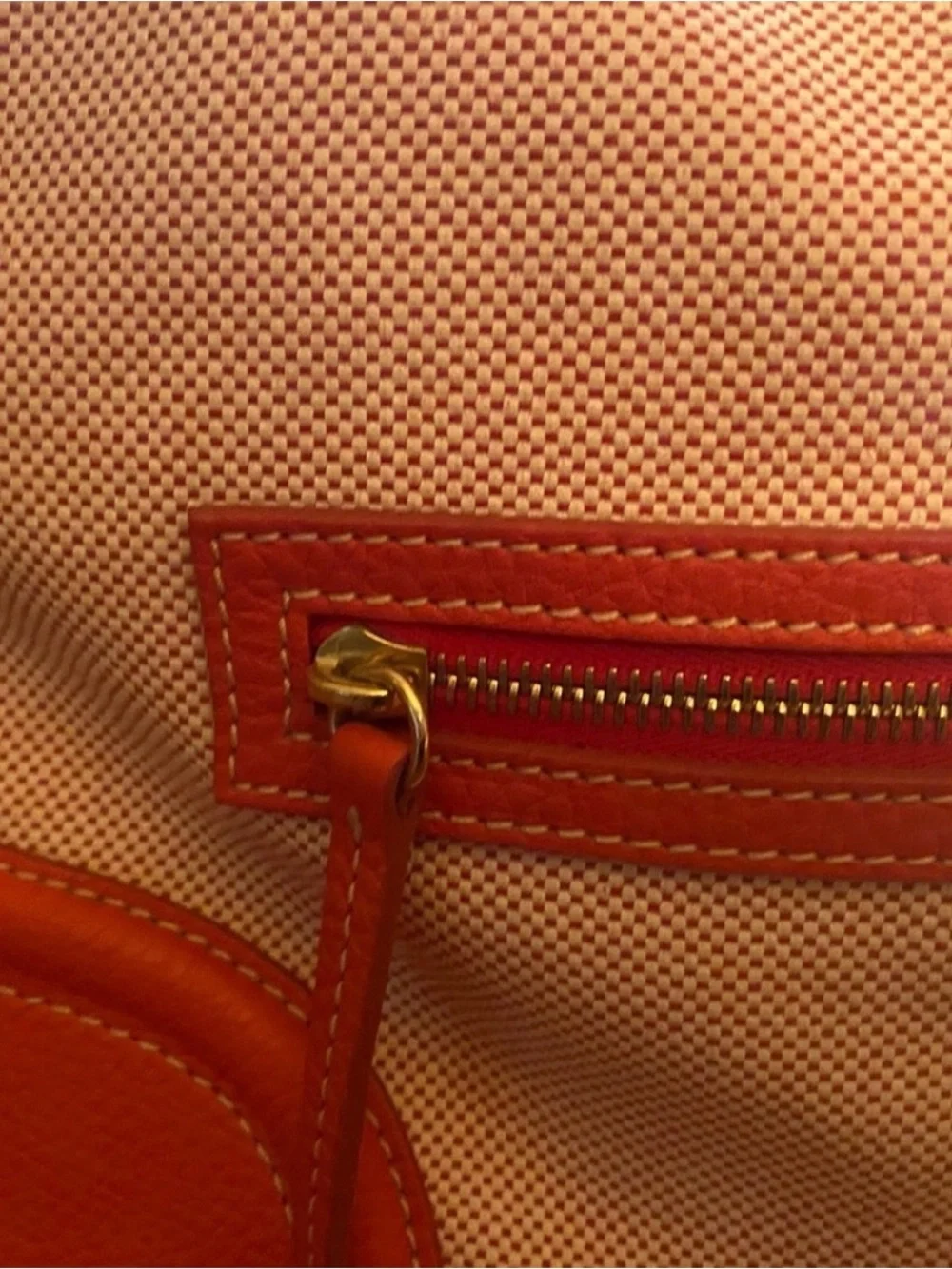 Dooney & Bourke Beige Canvas Shoulder Bag with Orange Leather Trim